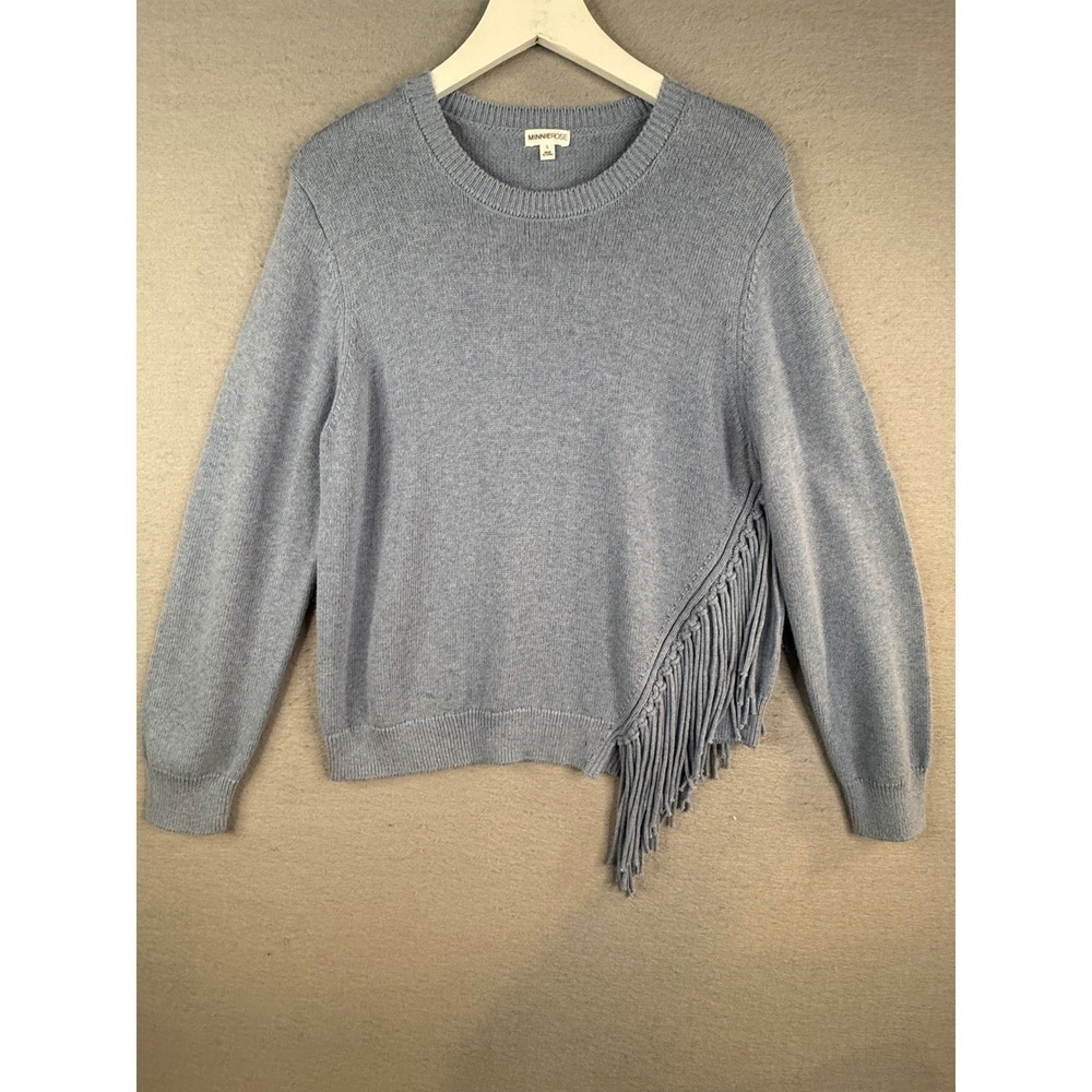 Minnie‎ Rose Sweater Women L Blue Cotton Cashmere Fringe Asymmetrical Crew Neck